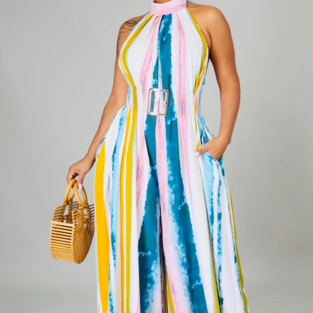 Paige Striped Halter Jumpsuit with Belt